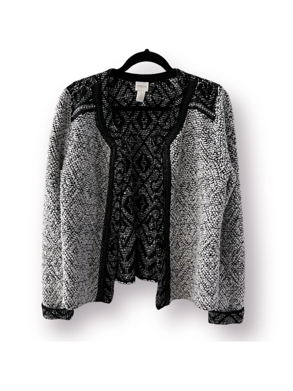 Chico's Cardigan Blazer Rhinestones Black Gray 2 L Boho Argyle Folk Artisan Open